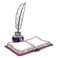 An open book with a feather quill and inkwell vector