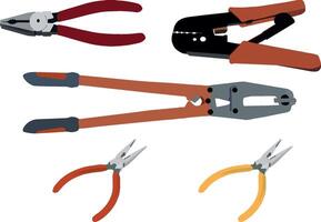 Electrician tools including crimping tool, combination pliers, and needle nose pliers for various tasks vector