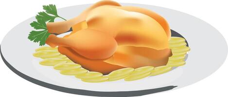 A chicken on a plate with potatoes and parsley vector