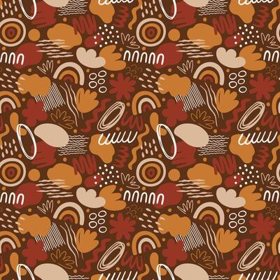 Seamless pattern with organic shapes, spots, lines, dots, waves, flowers, rainbow. Abstract illustration with doodles in simple trendy style