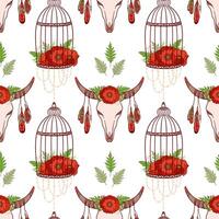 Seamless pattern in boho style, skull cow, poppies in cages. Ethnic boho pattern for textile, invitations, wedding decorations. vector