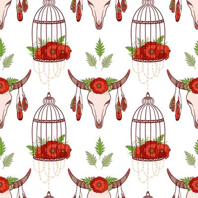 Seamless pattern in boho style, skull cow, poppies in cages. Ethnic boho pattern for textile, invitations, wedding decorations.
