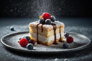 Elegant Two Layer Sponge Cake with Cream Filling and Fresh Berries photo