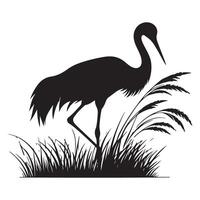 Elegant Crane Bird Silhouette Illustration with Grass Design vector
