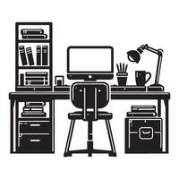 Office Desk Setup With Computer Illustration Black Silhouette vector