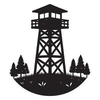 Silhouette fire lookout tower on hilltop with trees graphic vector