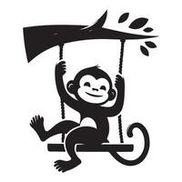 Playful Monkey Silhouette Illustration Swinging from a Tree vector