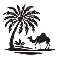 Peaceful Desert Oasis Illustration with a Camel and Palm Tree vector