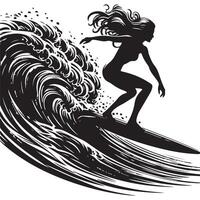 Female Surfer Riding Massive Wave Silhouette Graphic Arts Design vector