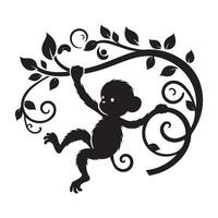 Cute Monkey Hanging from a Branch Silhouette for Jungle Designs vector