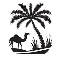Silhouette of Desert Oasis Scene with Palm Tree and Camel vector