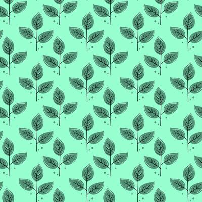 Seamless pattern of stylized green leaves on a mint background. Perfect for textile prints, wallpaper, branding, or any design needing a fresh, natureinspired aesthetic.