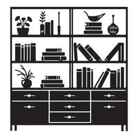 Modern Bookshelf Silhouette Design with Decor and Drawers vector