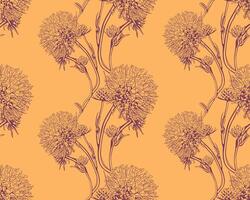Elegant floral seamless pattern. Intricate line art dandelion design on a warm orange background. Perfect for textile prints, wallpaper, or website backgrounds. vector