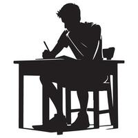 Silhouette of a Student Studying and Writing at Desk for Exams vector