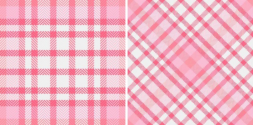 Pair of soft pink plaid patterns. Ideal for textile design, fashion, home decor, or digital scrapbooking. Subtle textures and varied line weights create visual interest.