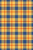 Vibrant yellow, blue, and orange plaid pattern. Perfect for textile design, website backgrounds, or autumnal themed projects. This classic check evokes feelings of warmth and tradition. vector