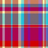 Vibrant, multicolored plaid pattern. A bold, geometric design featuring intersecting lines in red, turquoise, purple, and cream. Ideal for textile prints, fashion, web design, and backgrounds. vector