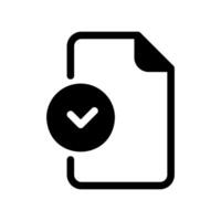 Document icon with a checkmark inside a circle indicating completion approval vector