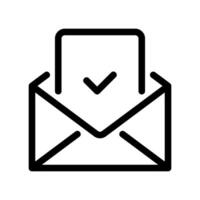 Outline open envelope with checkmark on document confirming message verification vector