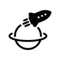 Space rocket orbiting a planet glyph icon for exploration or global reach theme vector