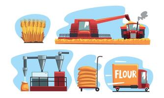 Production of Flour and Bread Set, Industrial Wheat Processing Illustration on White Background vector