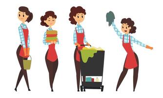 Female Worker of Cleaning Service in Apron with Different Tools Collection, Housewife in Everyday Routine Illustration vector