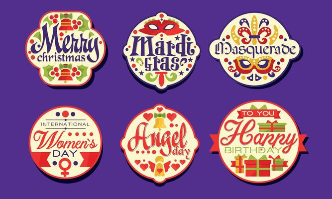 Holiday Stickers Collection, Merry Christmas, Mardi Gras, Masquerade, Women Day, Angel Day, Happy Birthday Labels Illustration