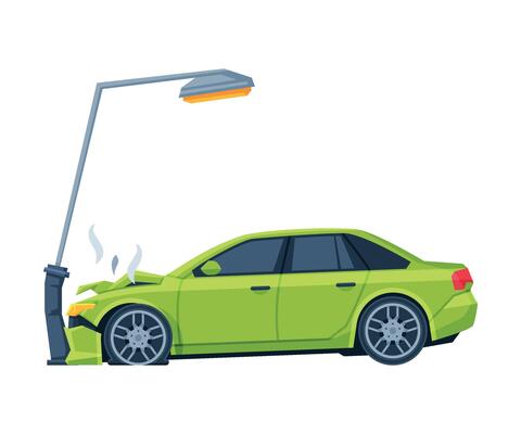 Car Crashed into Lamppost, Auto Accident Flat Illustration
