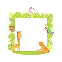 Jungle Animals with Blank Banner, Flamingo, Monkey, Parrot, Tiger, Giraffe, Standing Next to the Blank Signboard illustration vector