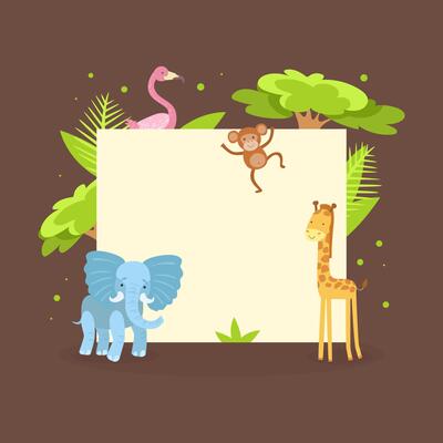 Cute Jungle Animals with Blank Banner, Flamingo, Monkey, Elephant, Giraffe, Standing Next to the Blank Signboard illustration