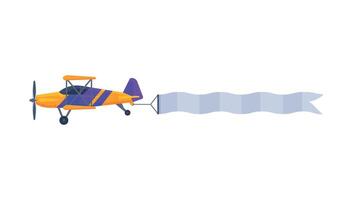 Retro Biplane with Blank Horizontal Banner Flying in the Sky, Air Vehicle with White Ribbon for Advertising Flat Illustration vector
