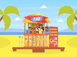 Tropical Beach Cafe or Bar with Smiling Bartender Character Illustration vector