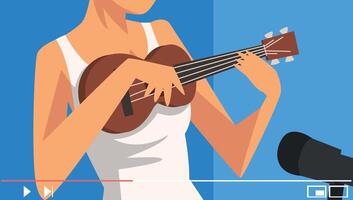 Blogger Giving Guitar Tutorial Illustration. Social Media Creator Concept vector