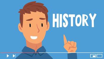 Young Man Blogger Streaming History Tutorials Online Illustration. Entertainment Vlog Concept vector