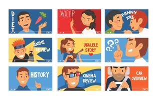 Bloggers Advertising Something and Giving Tutorials Illustrations Set. Social Media Creators Concept vector