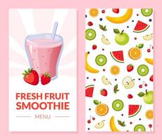 Fresh Fruit Smoothie Menu Card Template with Ripe Fruits Seamless Pattern Illustration vector