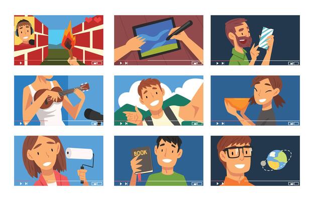 Bloggers Collection, Different Men and Women Demonstrating Their Skills, Travel, Music, Gamer Vlog Illustration