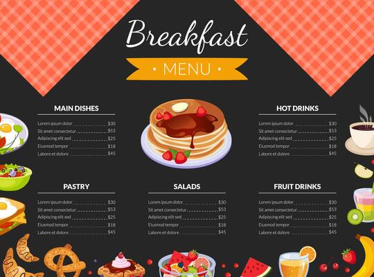 Breakfast Menu Template for Restaurant and Cafe Including Illustration