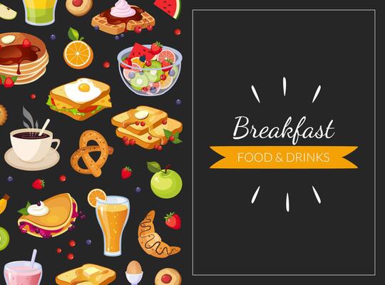 Breakfast Food and Drinks Card Template, Cooking Book, Restaurant or Cafe Menu Element Illustration