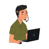 Male Call Center Operator, Male Support Service Assistant with Headset Consulting Client, Help Desk, Online Technical Support Illustration vector