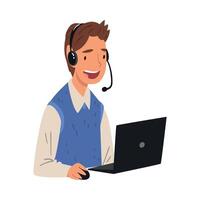 Smiling Male Call Center Operator, Online Customer Support Service Assistant with Headset Consulting Client, Help Desk, Technical Support Illustration vector
