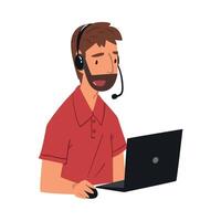 Bearded Male Call Center Operator, Online Customer Support Service Assistant with Headset, Help Desk, Technical Support Illustration vector