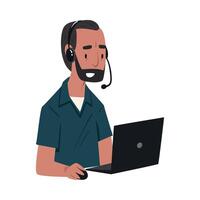 Bearded Man Call Center Operator, Online Customer Support Service Assistant with Headset, Help Desk, Technical Support Illustration vector