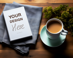 Cozy Workspace with Mug, Notebook, Cloth, and Greenery on Table psd