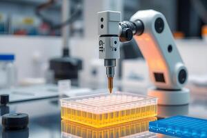 Robotic arm dispensing liquid into a multi-well plate in a laboratory setting, symbolizing automation and precision in scientific research and analysis. photo