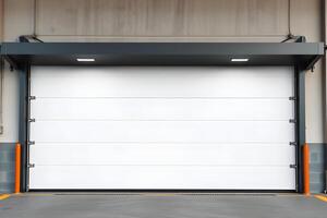 Large, white industrial garage door, closed, with a dark gray overhead structure, in front of a concrete building, showcasing security and functionality. photo