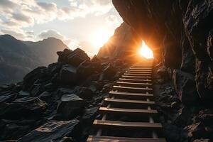 A path to enlightenment, steps ascend through a rocky passage towards a radiant sunset, symbolizing hope and the journey to overcome obstacles photo
