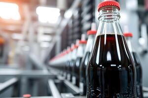 A line of bottled beverages, showcasing the industrial process of bottling and packaging, with a focus on the product's color and form. photo