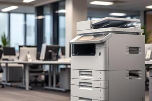 Office copier stands prominently in a modern workspace, symbolizing productivity, technology, and essential equipment for business operations and document management. photo